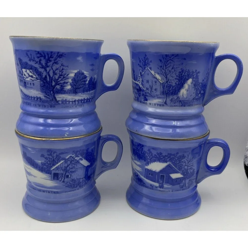 Vintage Currier And Ives Shaving Mugs Blue & White Lot of 4 Different Designs